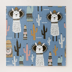 Llama, Cactus, Hand-Drawn Elements Pattern. Jigsaw Puzzle