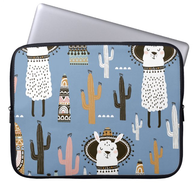 Llama, Cactus, Hand-Drawn Elements Pattern. Laptop Sleeve (Front)
