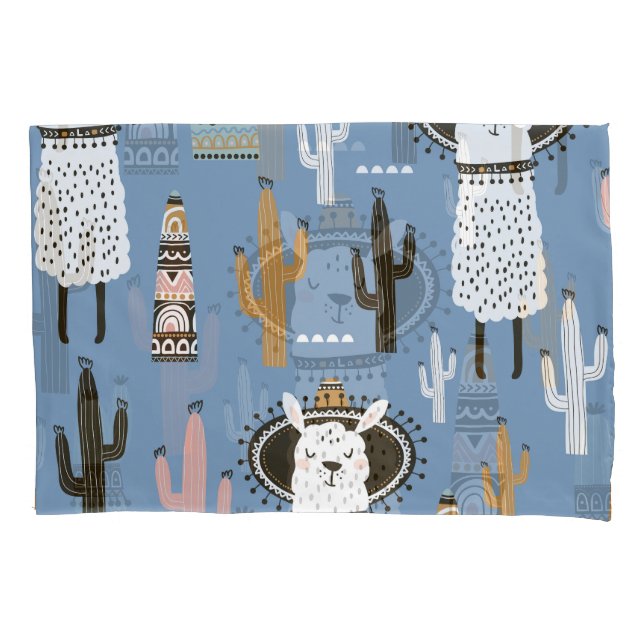 Llama, Cactus, Hand-Drawn Elements Pattern. Pillowcase (Front)