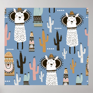 Llama, Cactus, Hand-Drawn Elements Pattern. Poster