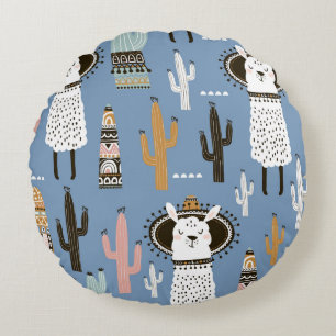 Llama, Cactus, Hand-Drawn Elements Pattern. Round Cushion