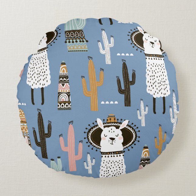 Llama, Cactus, Hand-Drawn Elements Pattern. Round Cushion (Front)