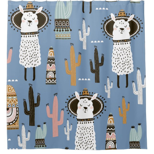 Llama, Cactus, Hand-Drawn Elements Pattern. Shower Curtain (Front)