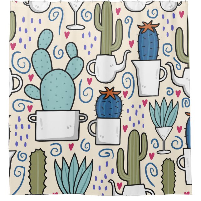 Llama Cactus: Hand-Drawn Seamless Design Shower Curtain (Front)