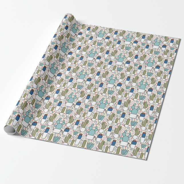 Llama Cactus: Hand-Drawn Seamless Design Wrapping Paper (Unrolled)