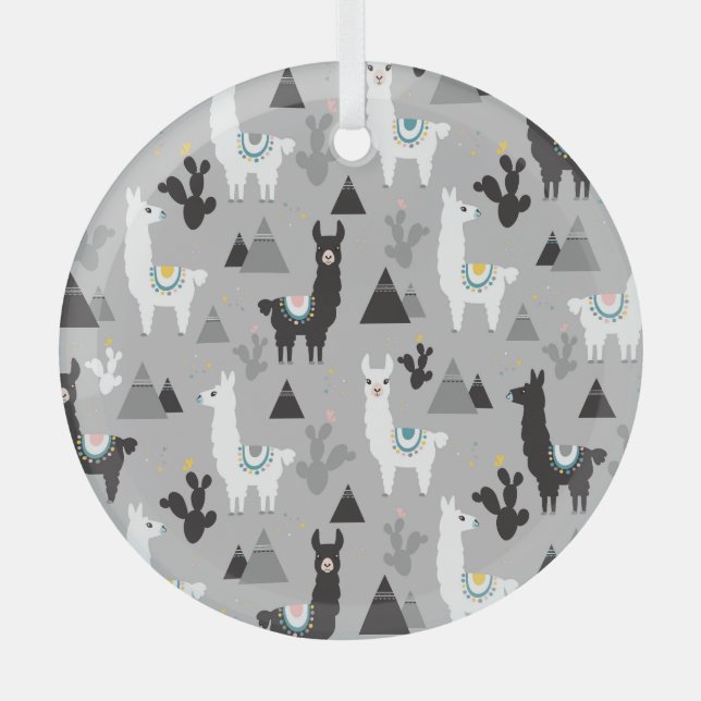 Llama cactus mountains, seamless pattern. glass tree decoration (Front)