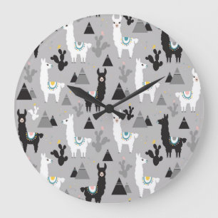 Llama cactus mountains, seamless pattern. large clock