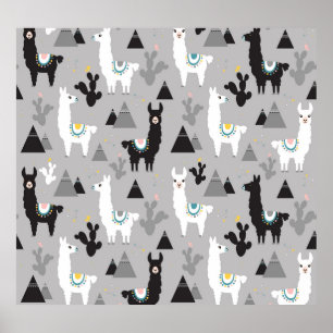 Llama cactus mountains, seamless pattern. poster