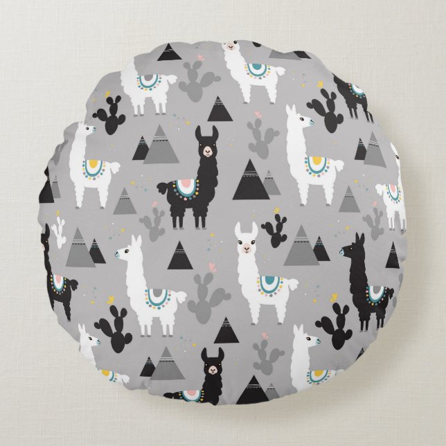 Llama cactus mountains, seamless pattern. round cushion (Front)