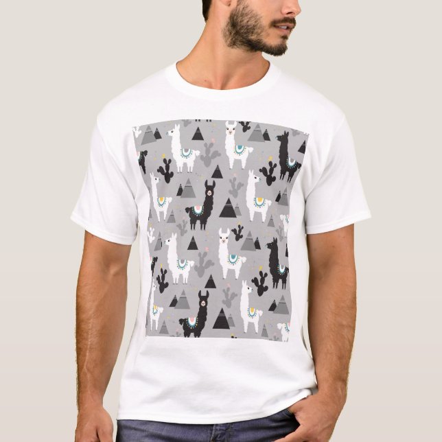 Llama cactus mountains, seamless pattern. T-Shirt (Front)