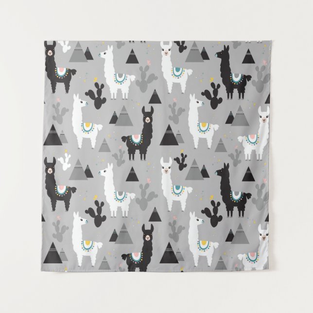 Llama cactus mountains, seamless pattern. tapestry (Front)
