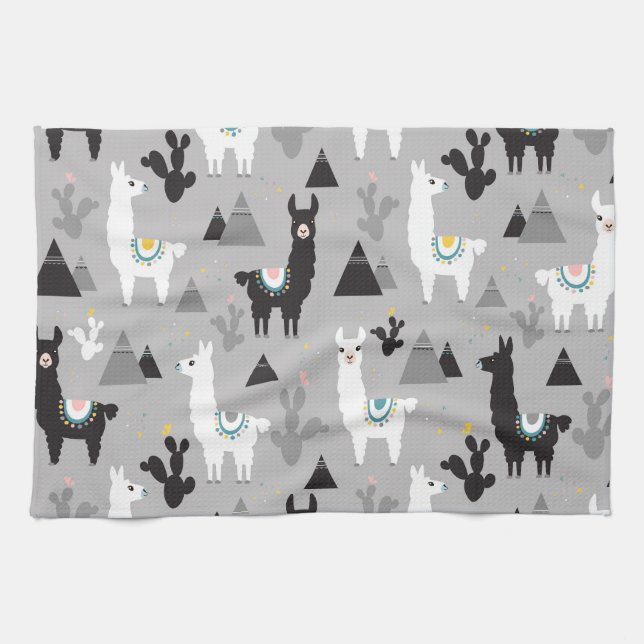 Llama cactus mountains, seamless pattern. tea towel (Horizontal)