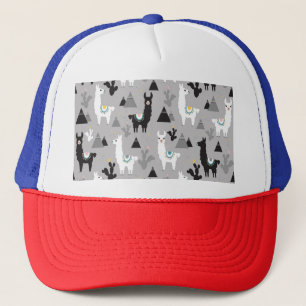 Llama cactus mountains, seamless pattern. trucker hat