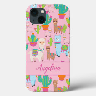Llama Cactus Pattern Girly Pink Teal iPhone 13 Case
