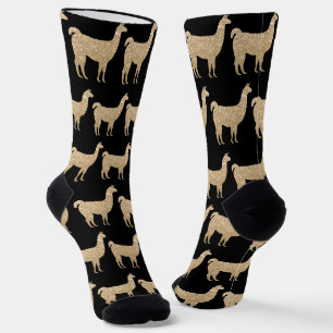 Llama Champagne Gold Sparkles pattern black Socks