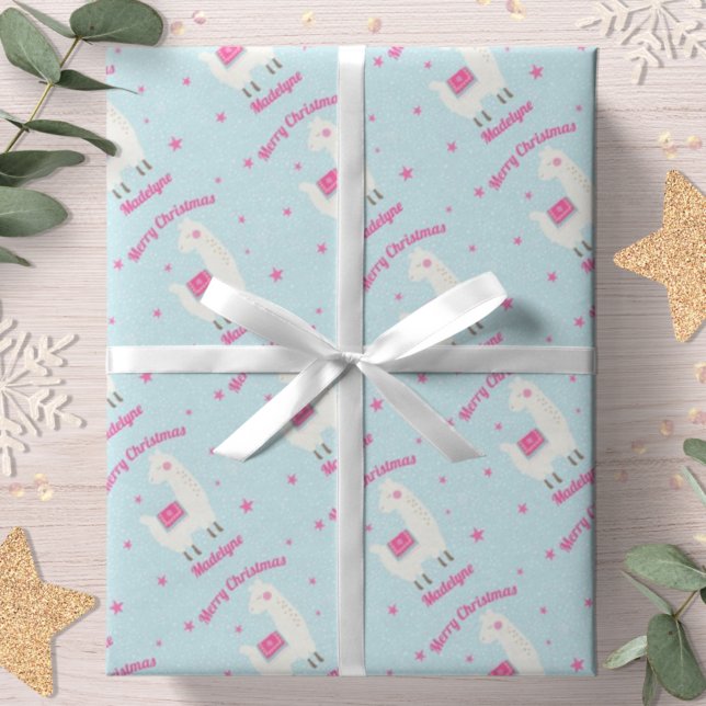 llama Christmas Blue Snow Stars Personalised Wrapping Paper (Creator Uploaded)