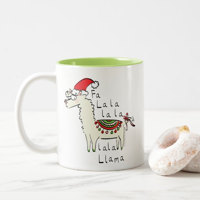 Llama Christmas Kids Cute Funny Two-Tone Coffee Mug (With Donut)