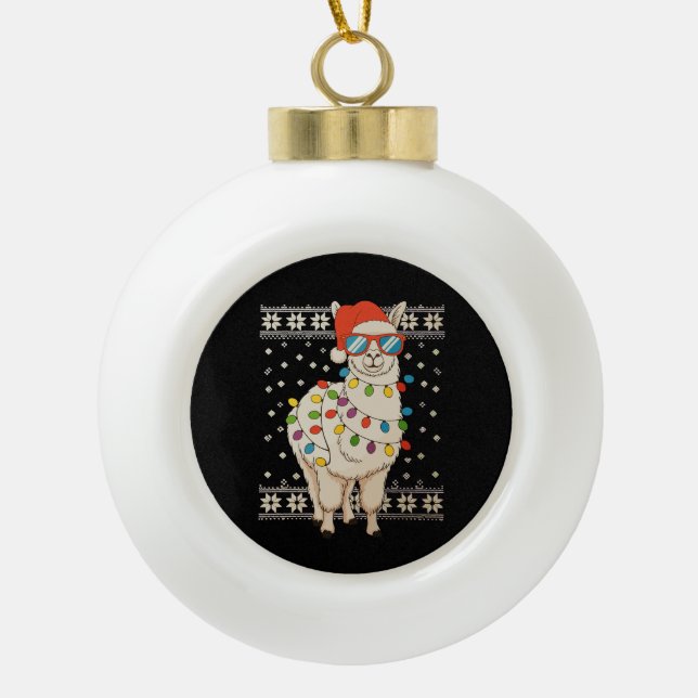 Llama Christmas Lights Ugly Xmas Sweater Holiday Ceramic Ball Christmas Ornament (Front)