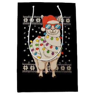 Llama Christmas Lights Ugly Xmas Sweater Holiday Medium Gift Bag