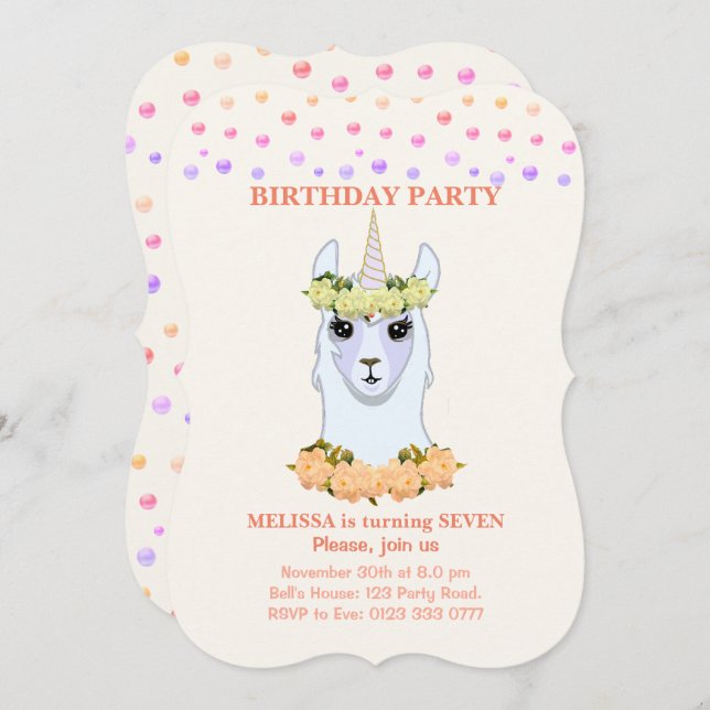Llama-corn 7th Birthday Party Invitation (Front/Back)