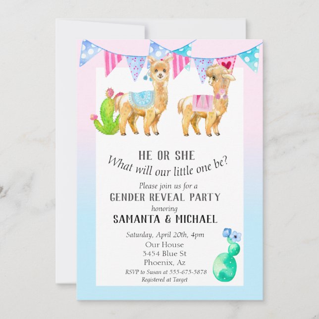 Llama Cute Watercolor Gender Reveal Party Invitation (Front)