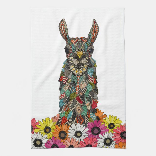 llama daisy love white tea towel (Vertical)