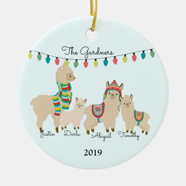 Llama Family of Four Christmas Ceramic Ornament (Front)