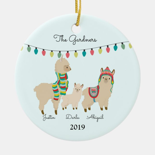 LLama Family of  Three Christmas Ceramic Tree Decoration (Front)