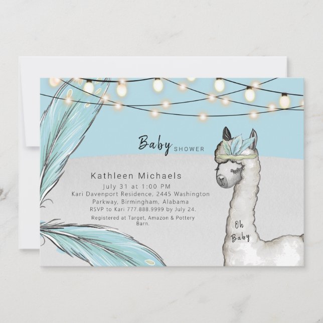 Llama Feather Turquoise Oh Baby Boy Shower Invitation (Front)