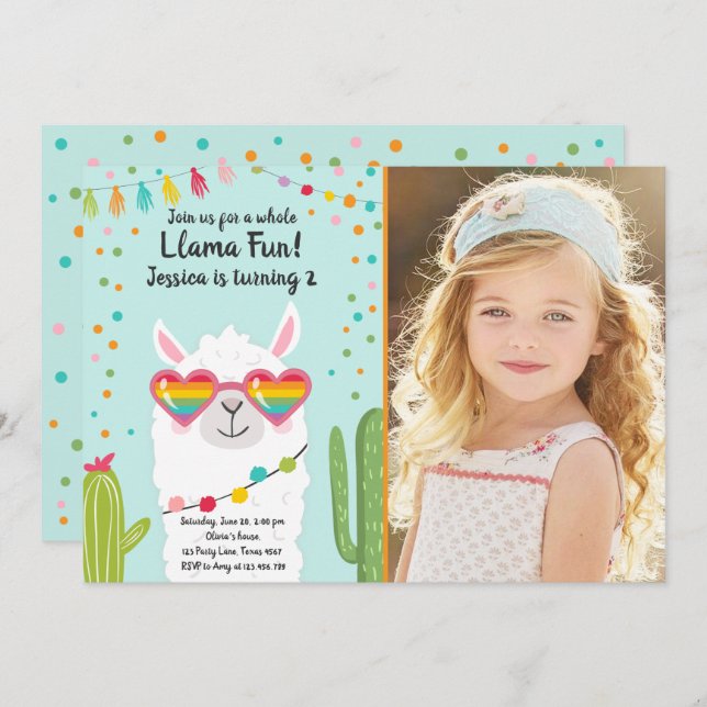 Llama Fiesta Heart Sunglasses Birthday Invitation (Front/Back)