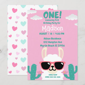 Llama First Birthday Pink Green Party Invitation