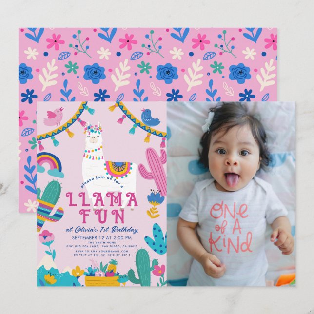 Llama Fun Alpaca Girl Pink 1st Birthday Photo Invitation (Front/Back)
