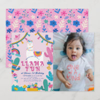 Llama Fun Alpaca Girl Pink 1st Birthday Photo