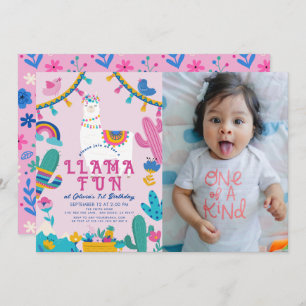 Llama Fun Alpaca Girl Pink 1st Birthday Photo Invitation