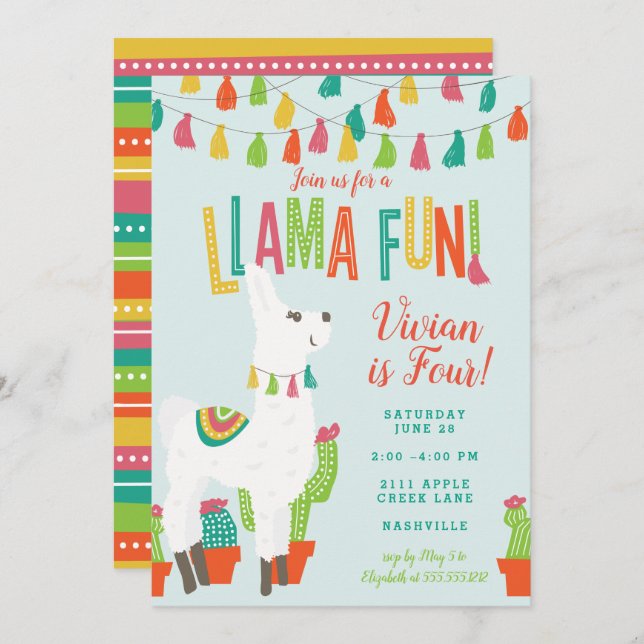 Llama Fun Birthday Party Invitation Alpaca Blue (Front/Back)