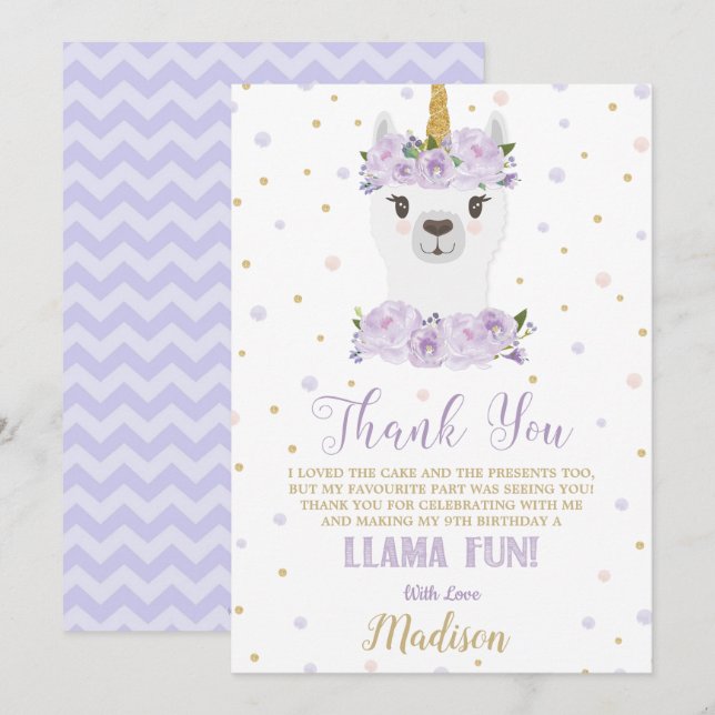 Llama Fun Birthday Party Purple Floral Thank You Invitation (Front/Back)
