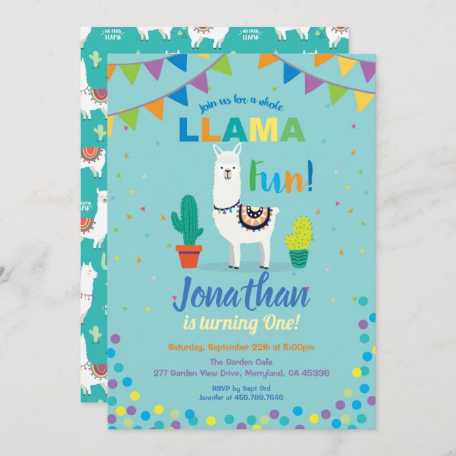 Llama fun first 1st birthday invitation. Turquoise Invitation (Front/Back)