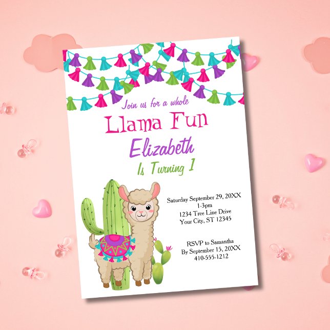 Llama Fun First 1st Pink Purple Cactus Birthday Invitation (Llama 1st First Birthday Party invitation. Pink Purple Green Cactus, Cute Llama)