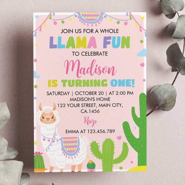Llama Fun Girl 1st Birthday Invitation (Creator Uploaded)