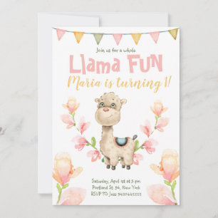 Llama Fun Pink Watercolor Birthday Invitation