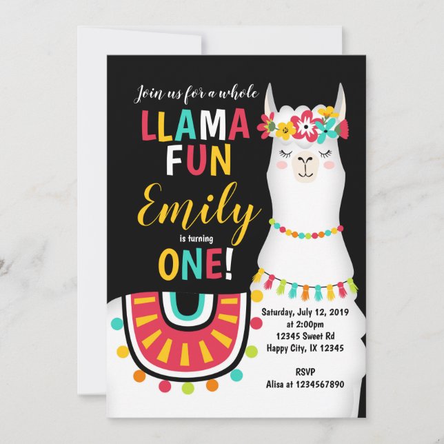 Llama girl first birthday invitation (Front)