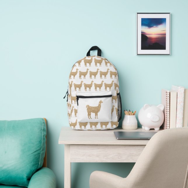 Llama gold glitter sparkles pattern white  printed backpack (Insitu)