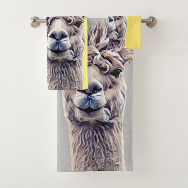 Llama gray yellow Cute Alpaca  Cute Art Bath wash Towel Set (Insitu)
