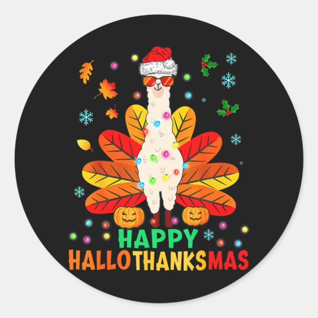 Llama Happy Hallothanksmas Turkey Pumpkin Classic Round Sticker (Front)