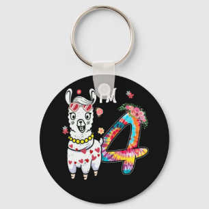 Llama I'm 4 year old 4th Birthday Tie Dye Farm Key Ring
