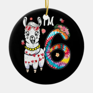 Llama I'm 6 year old 6th Birthday Tie Dye Farm Ceramic Tree Decoration