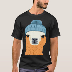 Llama in Blue Colour Beanie Cute Humour T-Shirt