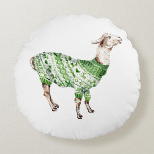 Llama in Green Sweater Round Cushion