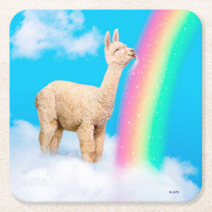 Llama Licking Rainbow Square Paper Coaster