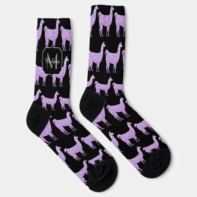 Llama Light Purple Sparkles pattern Monogram Socks (Right)